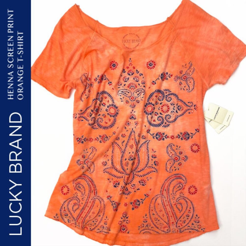 Lucky Brand Henna Screen Print Orange T-Shirt Size M